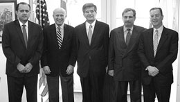Ambassador Anastasiades (center) is flanked by (left to right) Executive Director Nick Larigakis, AHI Founder Gene Rossides, Board of Directors Secretary Nicholas Karambelas, and Board Member James Marketos.